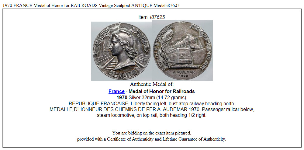 1970 FRANCE Medal of Honor for RAILROADS Vintage Sculpted ANTIQUE Medal i87625