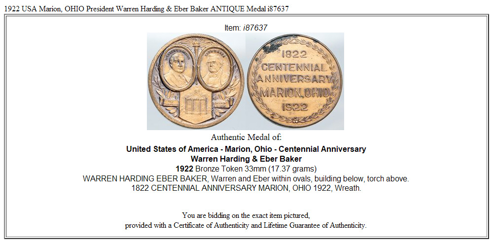 1922 USA Marion, OHIO President Warren Harding & Eber Baker ANTIQUE Medal i87637