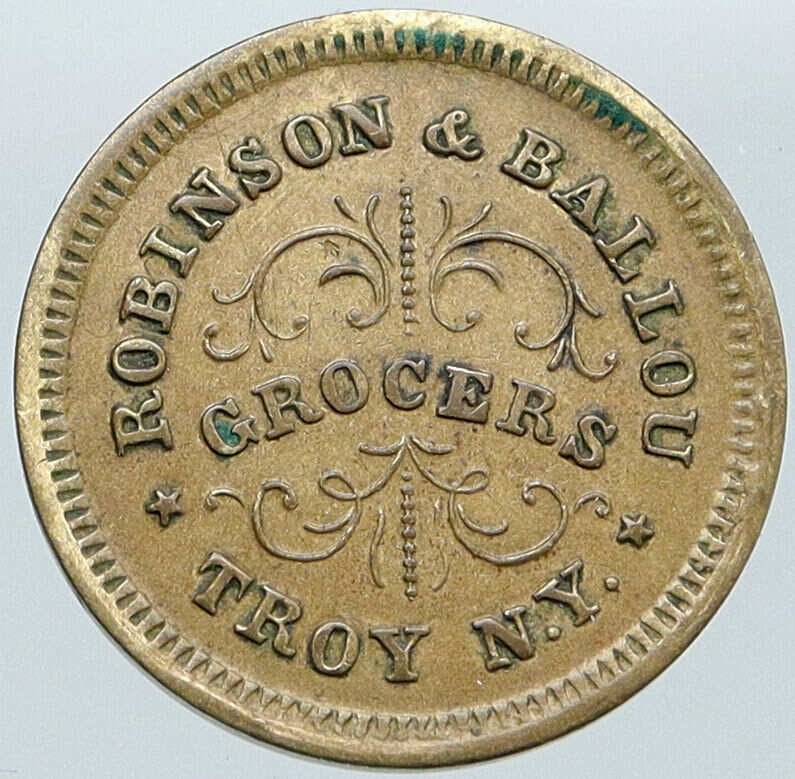 1863 UNITED STATES Troy NY Robinson & Ballou Grocers ANTIQUE Trade Token i87638