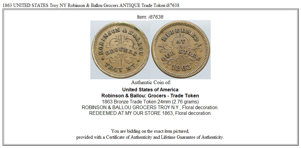 1863 UNITED STATES Troy NY Robinson & Ballou Grocers ANTIQUE Trade Token i87638