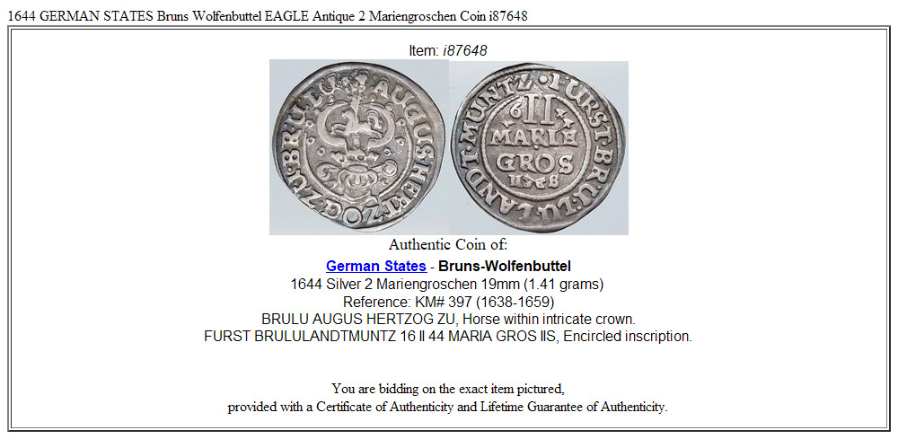 1644 GERMAN STATES Bruns Wolfenbuttel EAGLE Antique 2 Mariengroschen Coin i87648