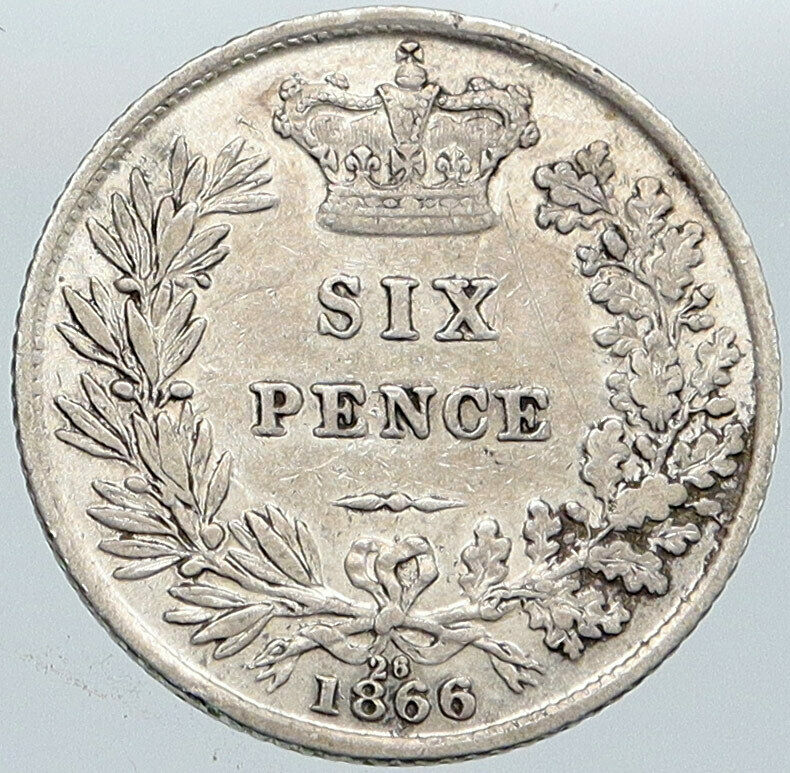 1866 UK Great Britain United Kingdom QUEEN VICTORIA Sixpence Silver Coin i87647