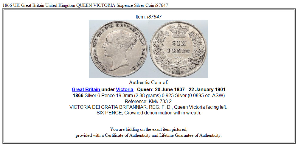 1866 UK Great Britain United Kingdom QUEEN VICTORIA Sixpence Silver Coin i87647