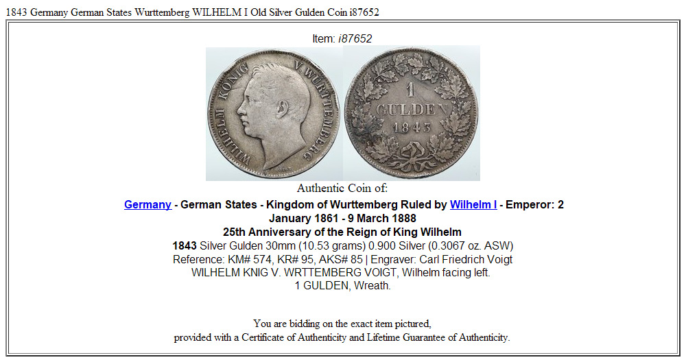 1843 Germany German States Wurttemberg WILHELM I Old Silver Gulden Coin i87652