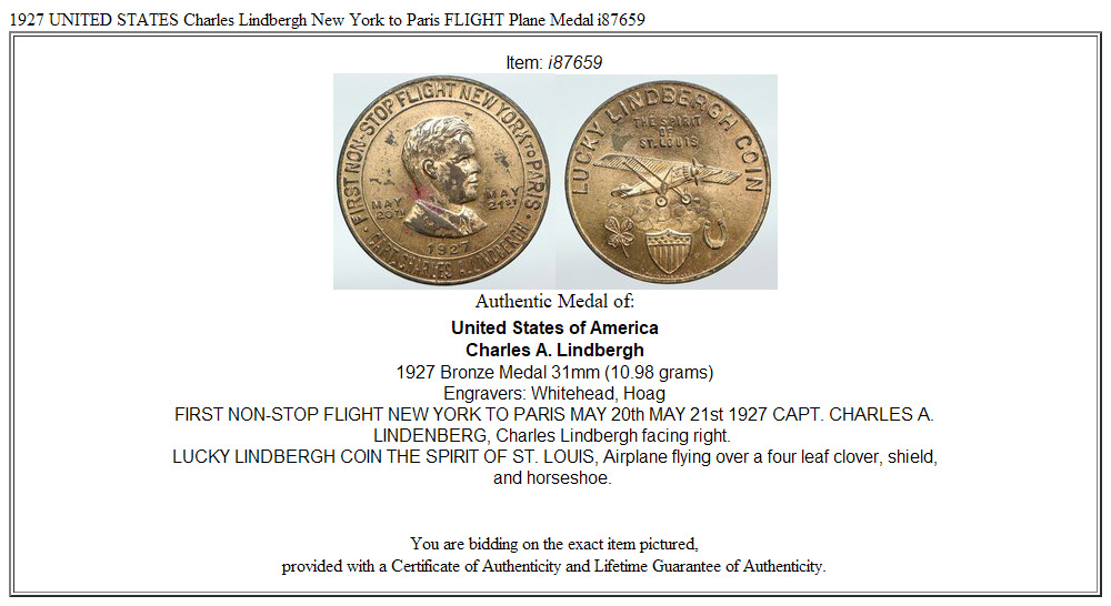 1927 UNITED STATES Charles Lindbergh New York to Paris FLIGHT Plane Medal i87659