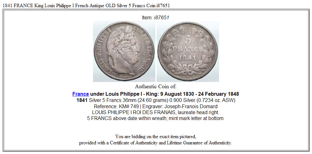 1841 FRANCE King Louis Philippe I French Antique OLD Silver 5 Francs Coin i87651