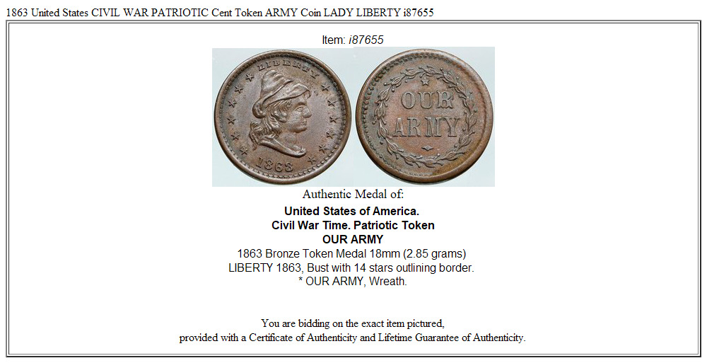 1863 United States CIVIL WAR PATRIOTIC Cent Token ARMY Coin LADY LIBERTY i87655