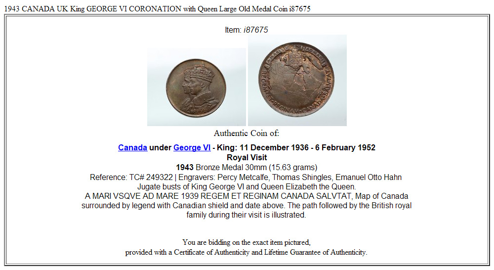 1943 CANADA UK King GEORGE VI CORONATION with Queen Large Old Medal Coin i87675