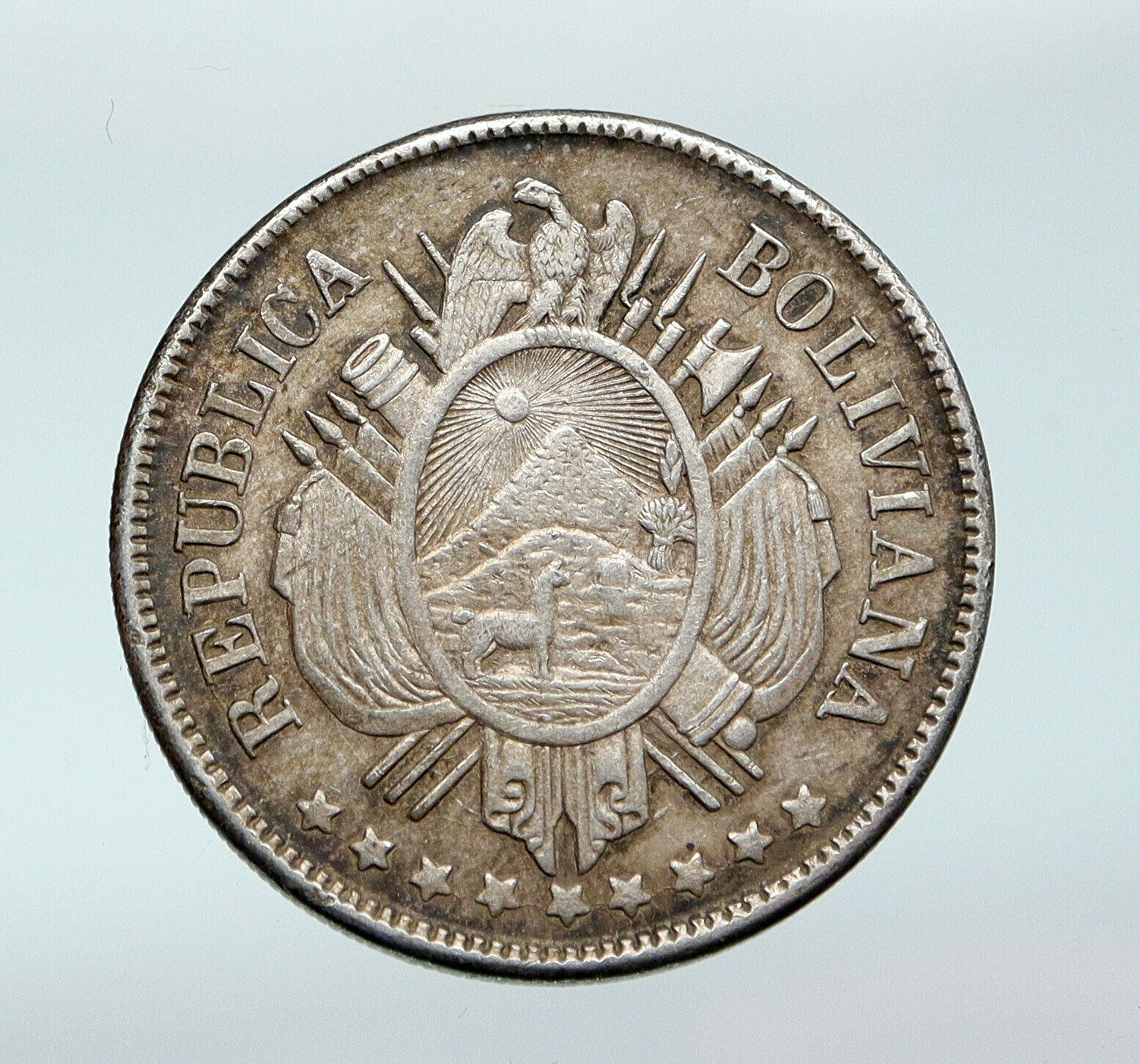 1873 BOLIVIA Antique Wreath Eagle Hill Genuine 50 Centavos Silver Coin i87674