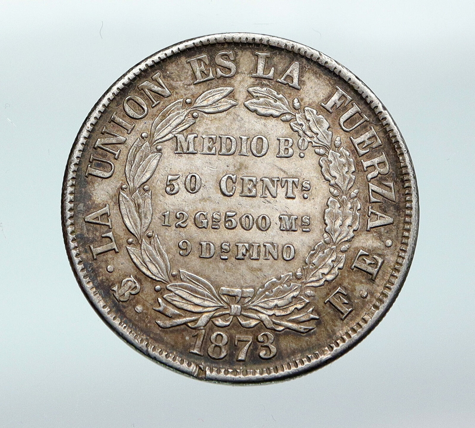 1873 BOLIVIA Antique Wreath Eagle Hill Genuine 50 Centavos Silver Coin i87674