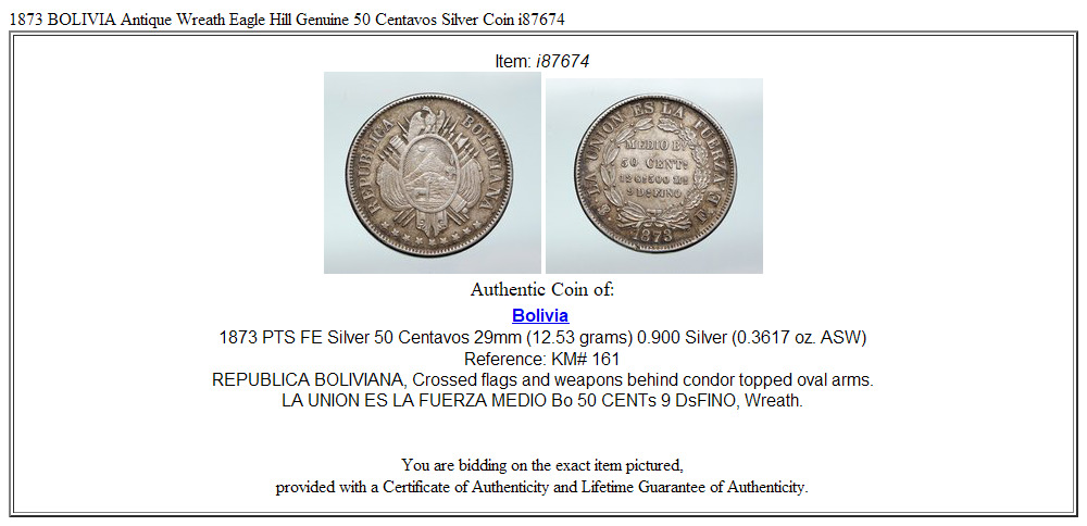 1873 BOLIVIA Antique Wreath Eagle Hill Genuine 50 Centavos Silver Coin i87674