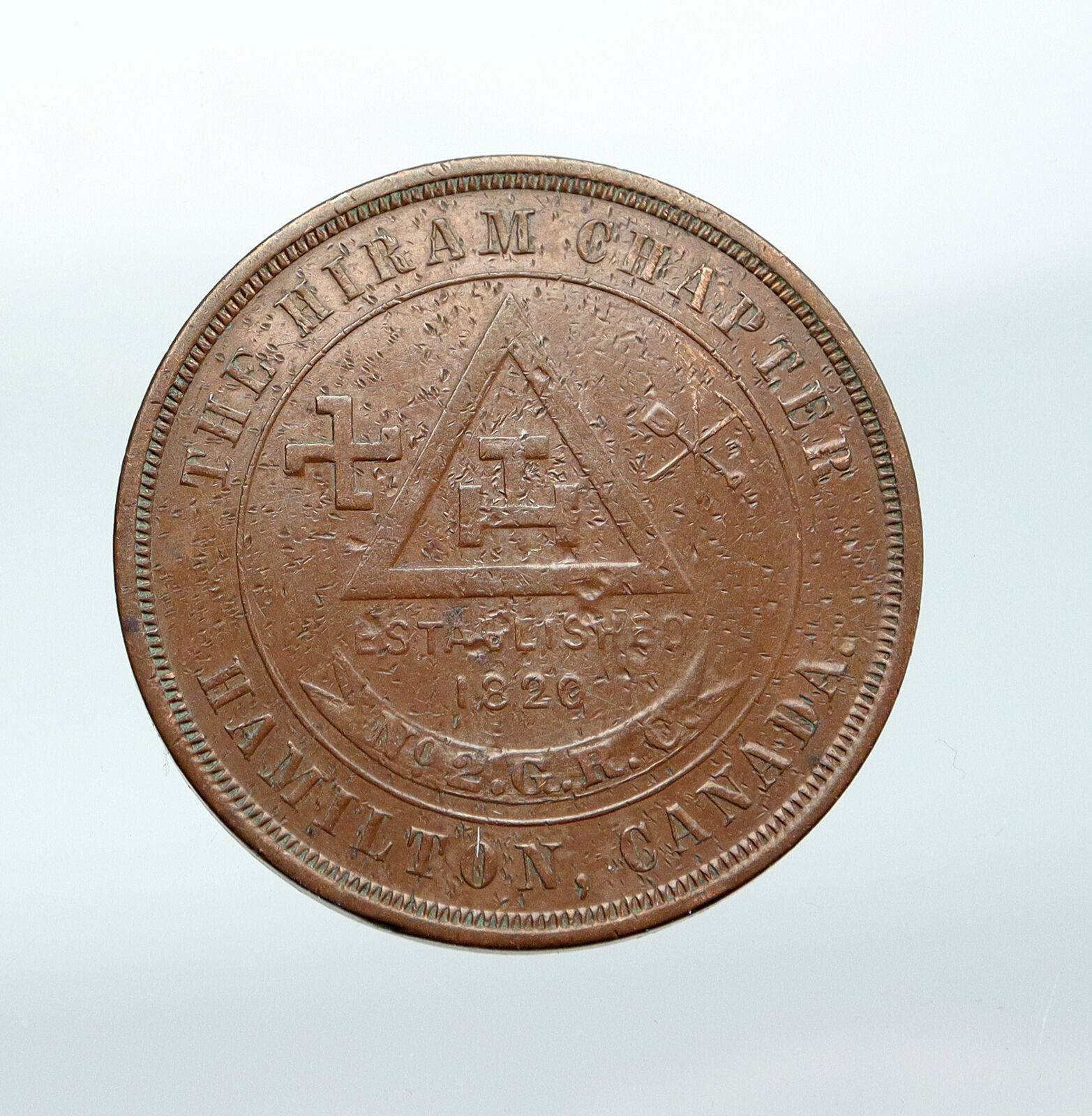 CANADA FREEMASON Hiram Chapter No. 2 Pyramid VINTAGE Penny Masonic Medal i87685