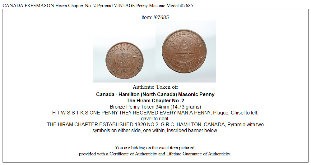 CANADA FREEMASON Hiram Chapter No. 2 Pyramid VINTAGE Penny Masonic Medal i87685