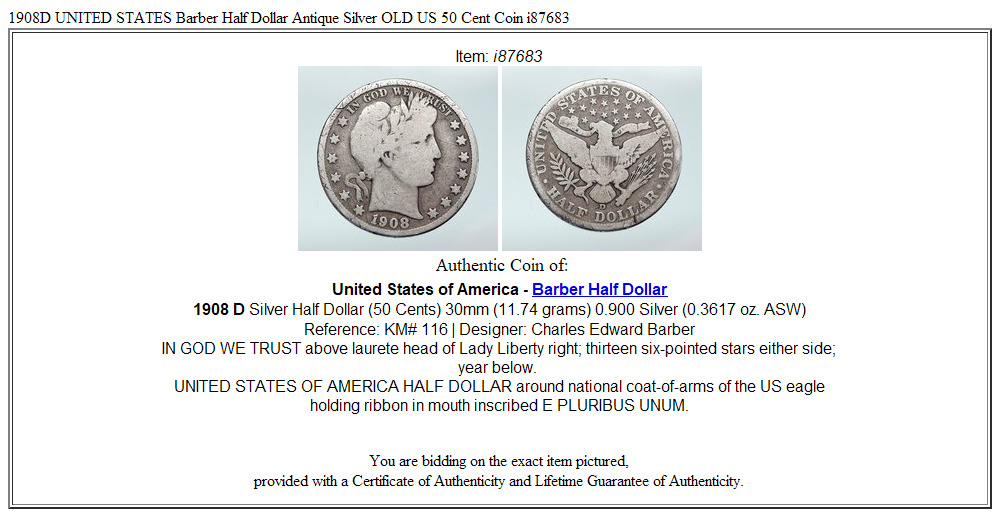 1908D UNITED STATES Barber Half Dollar Antique Silver OLD US 50 Cent Coin i87683