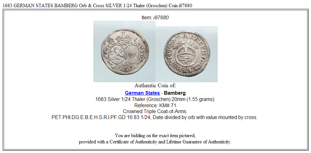 1683 GERMAN STATES BAMBERG Orb & Cross SILVER 1/24 Thaler (Groschen) Coin i87680