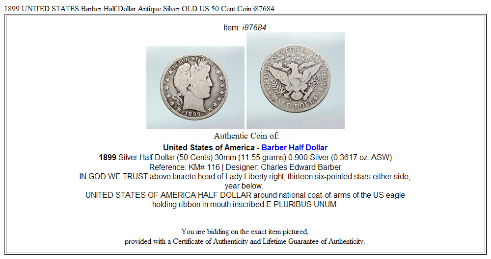 1899 UNITED STATES Barber Half Dollar Antique Silver OLD US 50 Cent Coin i87684