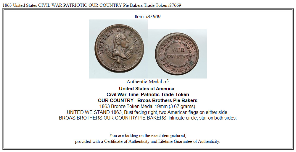 1863 United States CIVIL WAR PATRIOTIC OUR COUNTRY Pie Bakers Trade Token i87669