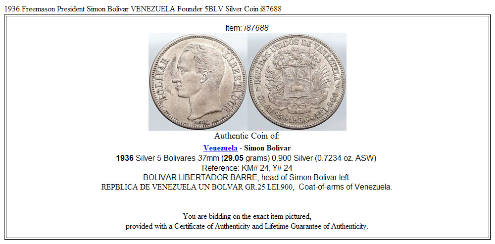 1936 Freemason President Simon Bolivar VENEZUELA Founder 5BLV Silver Coin i87688