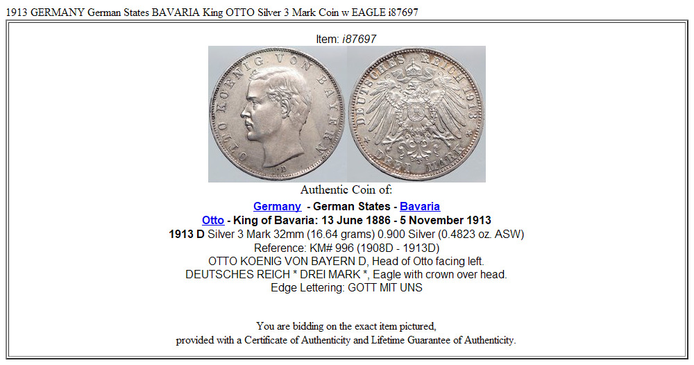 1913 GERMANY German States BAVARIA King OTTO Silver 3 Mark Coin w EAGLE i87697