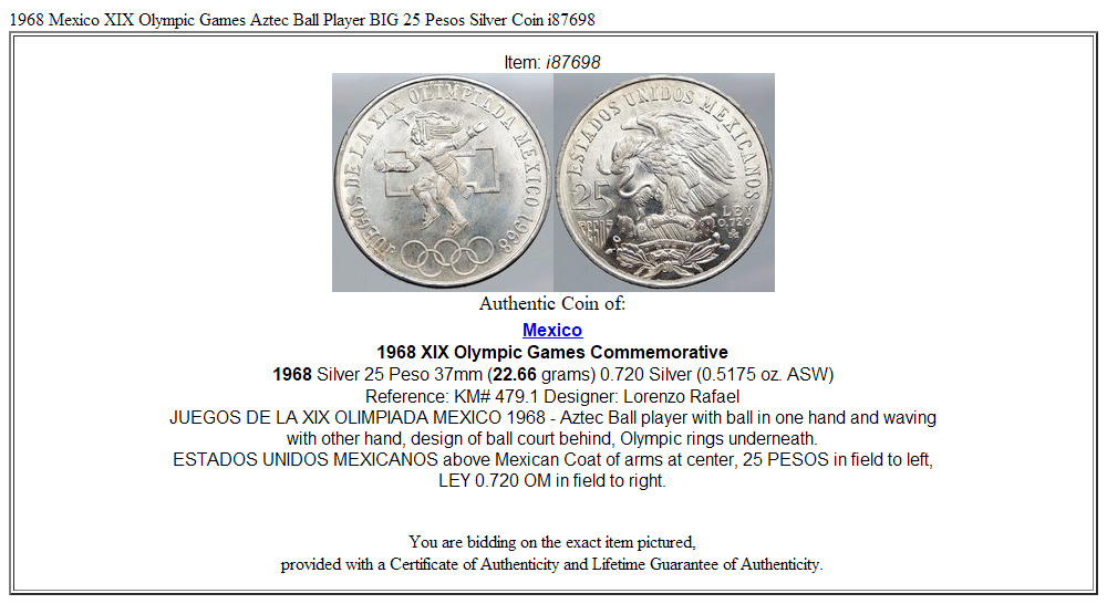 1968 Mexico XIX Olympic Games Aztec Ball Player BIG 25 Pesos Silver Coin i87698