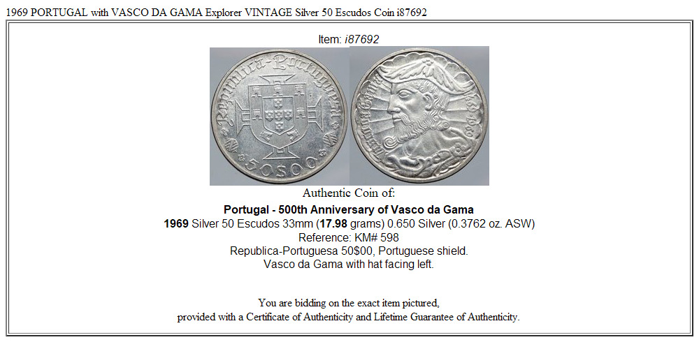 1969 PORTUGAL with VASCO DA GAMA Explorer VINTAGE Silver 50 Escudos Coin i87692