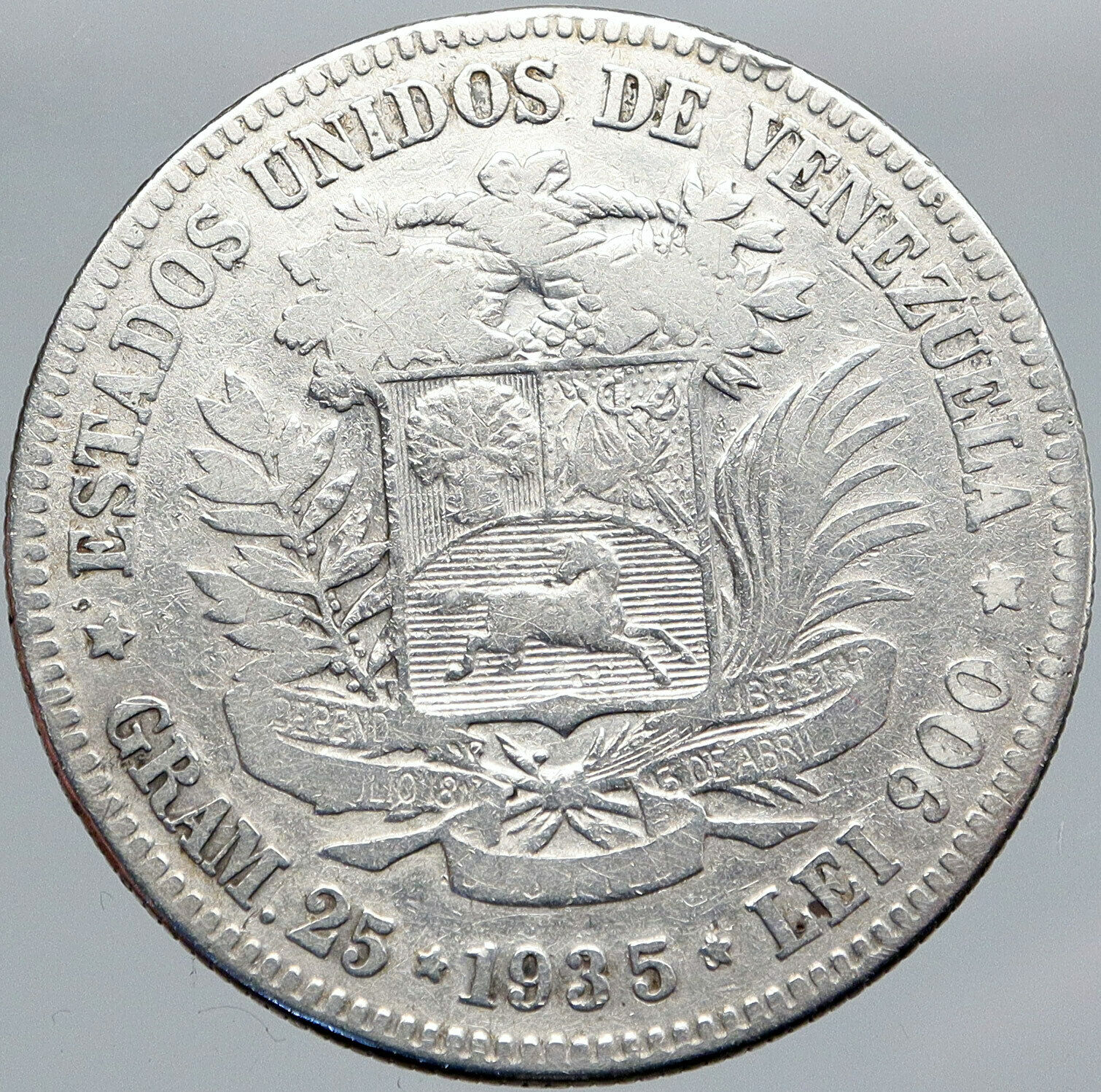 1935 Freemason President Simon Bolivar VENEZUELA Founder Silver 5 B Coin i87694