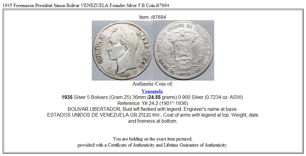 1935 Freemason President Simon Bolivar VENEZUELA Founder Silver 5 B Coin i87694