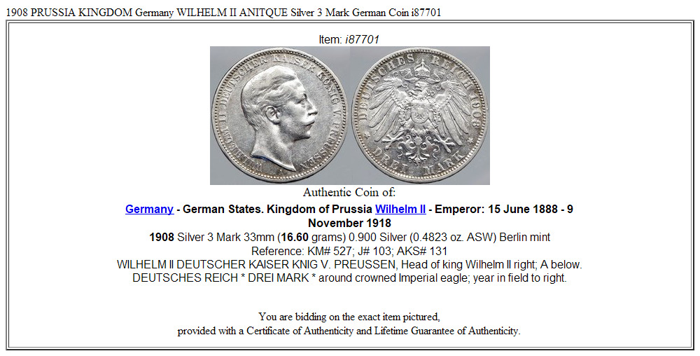 1908 PRUSSIA KINGDOM Germany WILHELM II ANITQUE Silver 3 Mark German Coin i87701