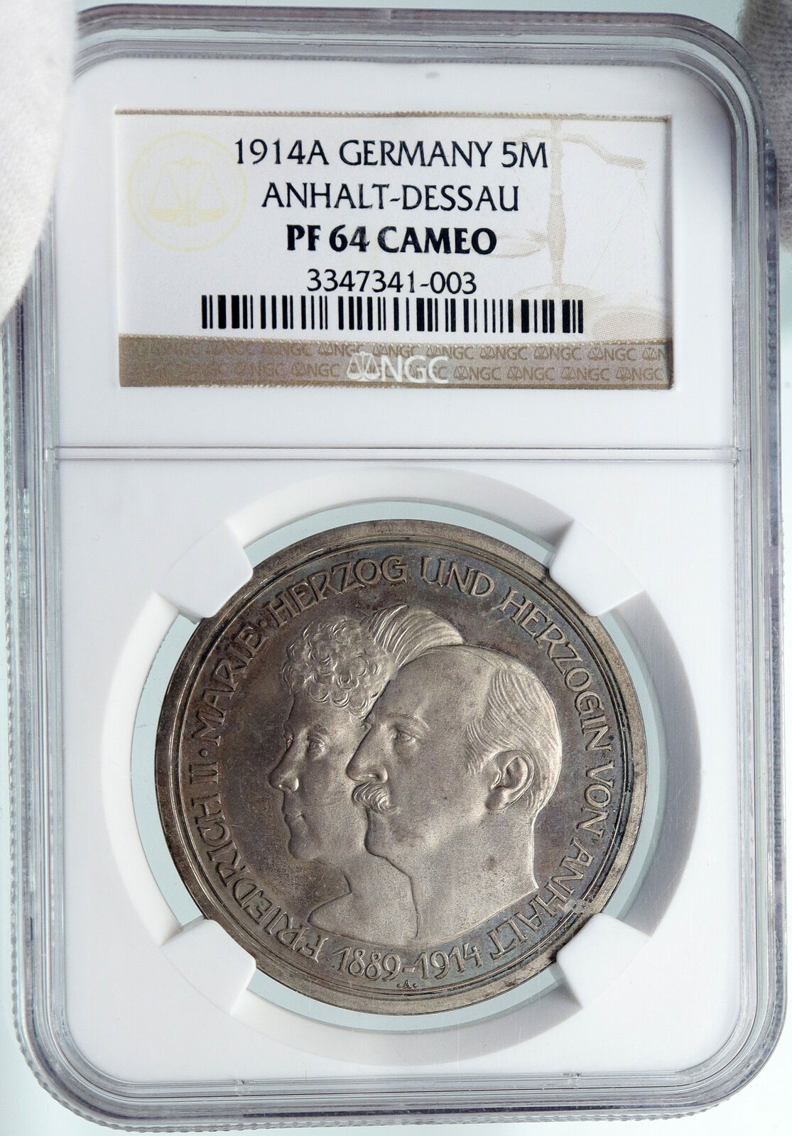 1914 A GERMANY Anhalt-Dessau Antique OLD Silver VINTAGE 5 Mark Coin NGC i87739