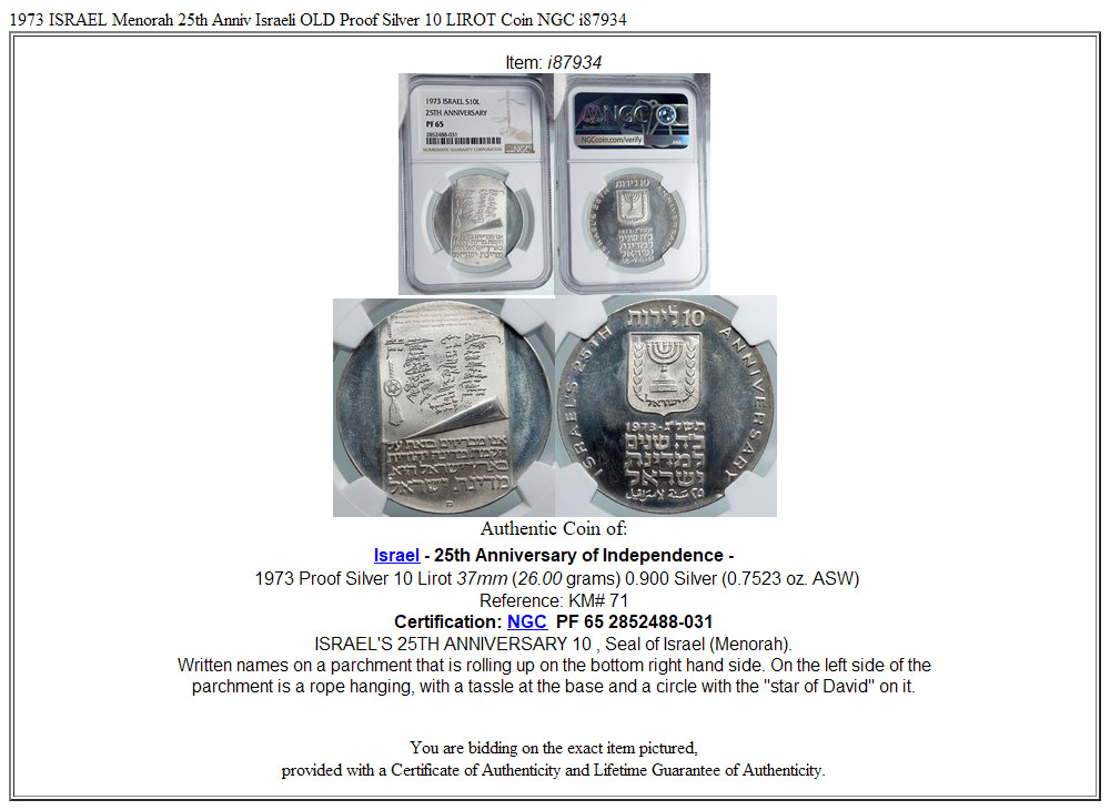 1973 ISRAEL Menorah 25th Anniv Israeli OLD Proof Silver 10 LIROT Coin NGC i87934