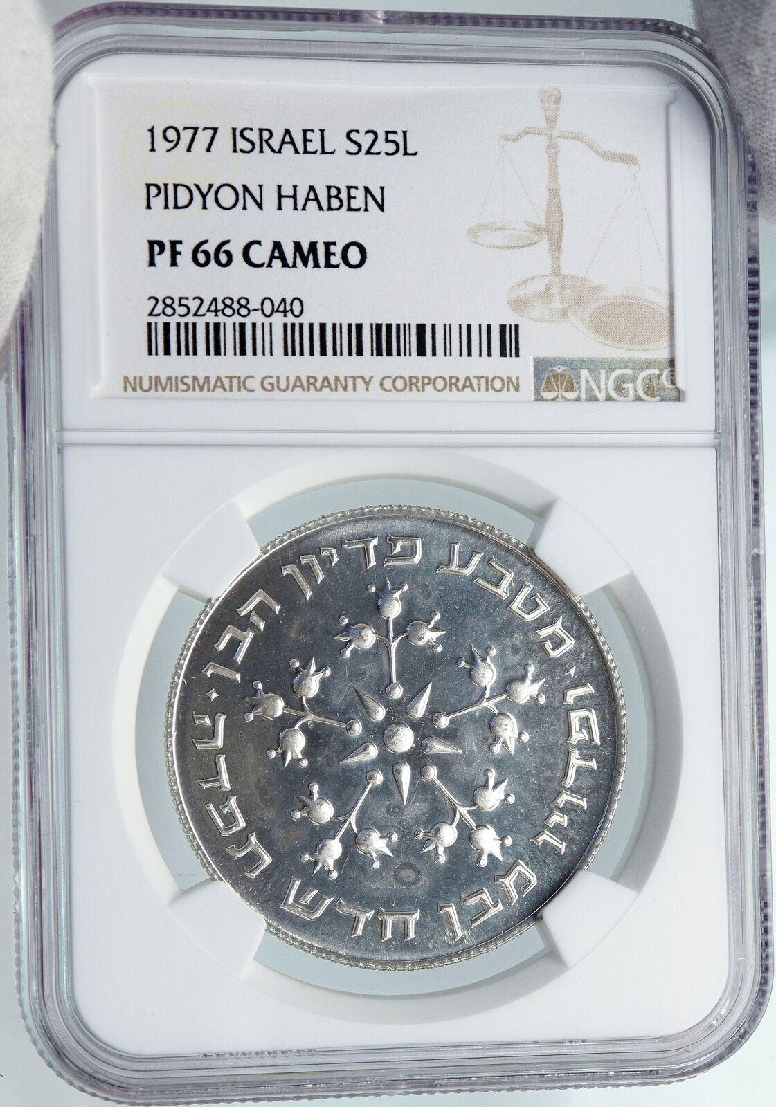 1977 ISRAEL Jewish Pidyon Haben POMEGRANATE MENORAH Silver 25 L Coin NGC i87942