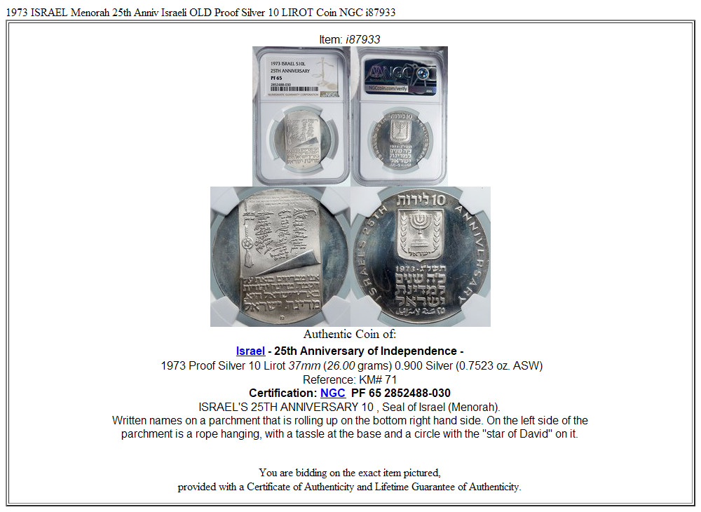 1973 ISRAEL Menorah 25th Anniv Israeli OLD Proof Silver 10 LIROT Coin NGC i87933