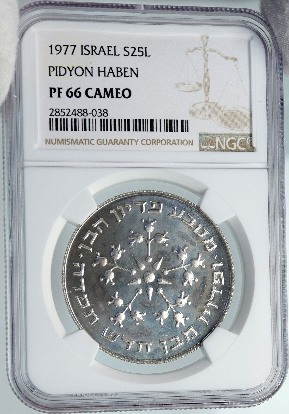 1977 ISRAEL Jewish Pidyon Haben POMEGRANATE MENORAH Silver 25 L Coin NGC i87940