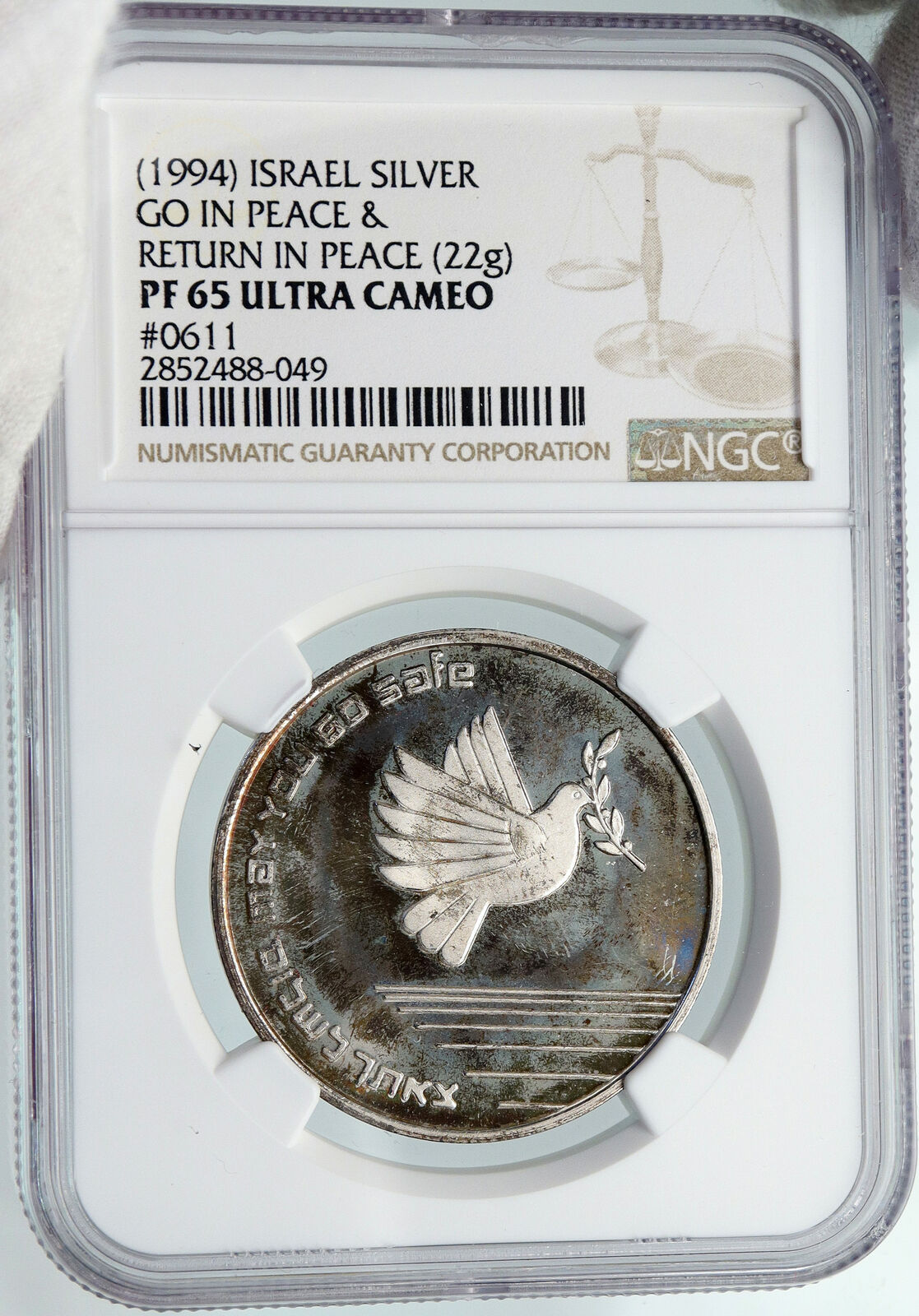 1994 ISRAEL Go & Return in Peace DOVE BIRD SHALOM Old Silver Medal NGC i87952