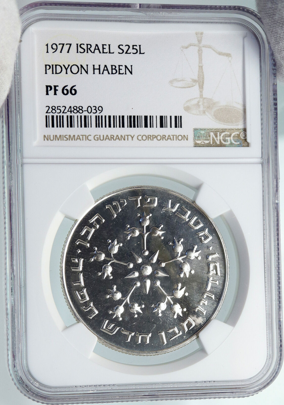 1977 ISRAEL Jewish Pidyon Haben POMEGRANATE MENORAH Silver 25 L Coin NGC i87941