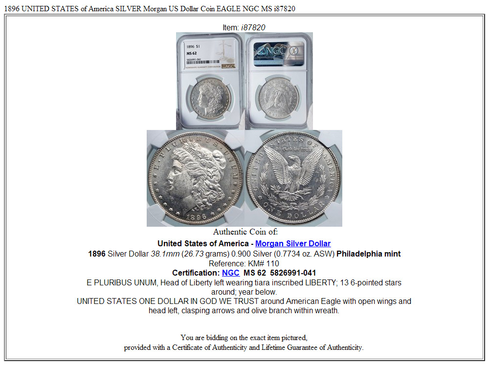 1896 UNITED STATES of America SILVER Morgan US Dollar Coin EAGLE NGC MS i87820