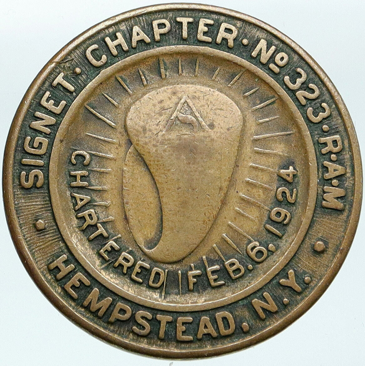 1924 USA FREEMASON Hempstead, NY Chapter No 323 Penny Masonic Penny Token i88124