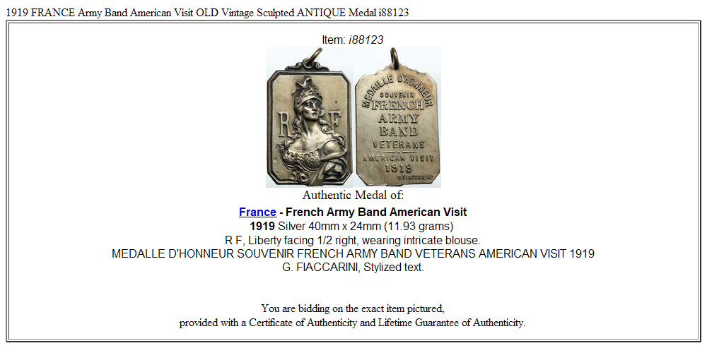 1919 FRANCE Army Band American Visit OLD Vintage Sculpted ANTIQUE Medal i88123