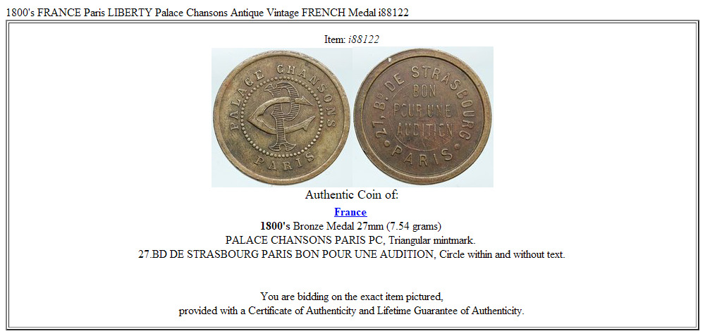 1800's FRANCE Paris LIBERTY Palace Chansons Antique Vintage FRENCH Medal i88122