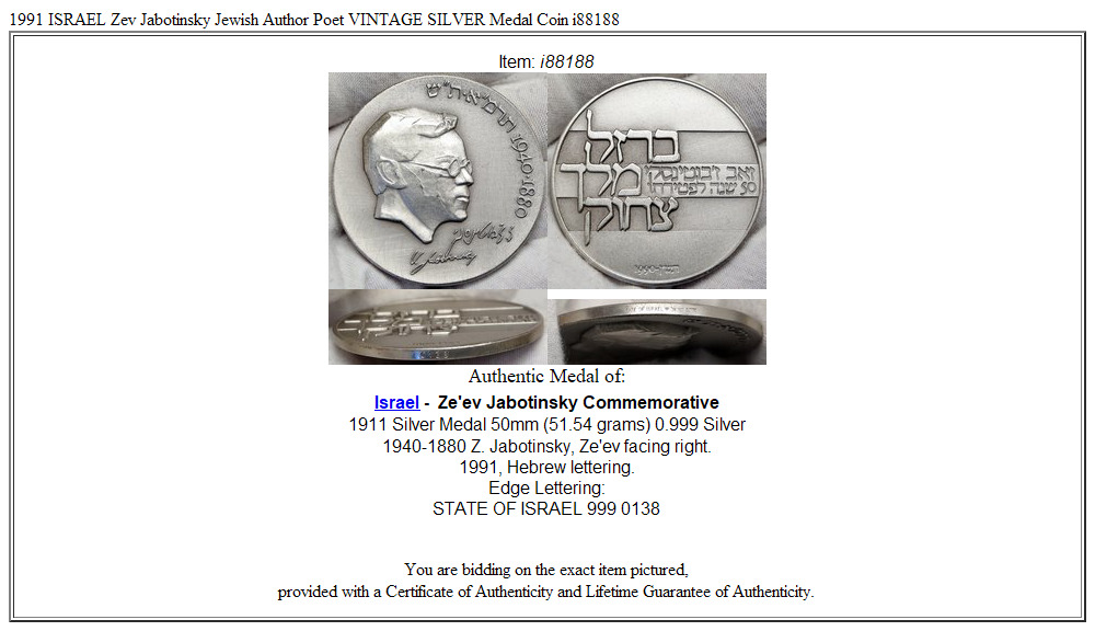 1991 ISRAEL Zev Jabotinsky Jewish Author Poet VINTAGE SILVER Medal Coin i88188