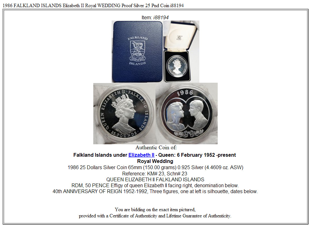 1986 FALKLAND ISLANDS Elizabeth II Royal WEDDING Proof Silver 25 Pnd Coin i88194