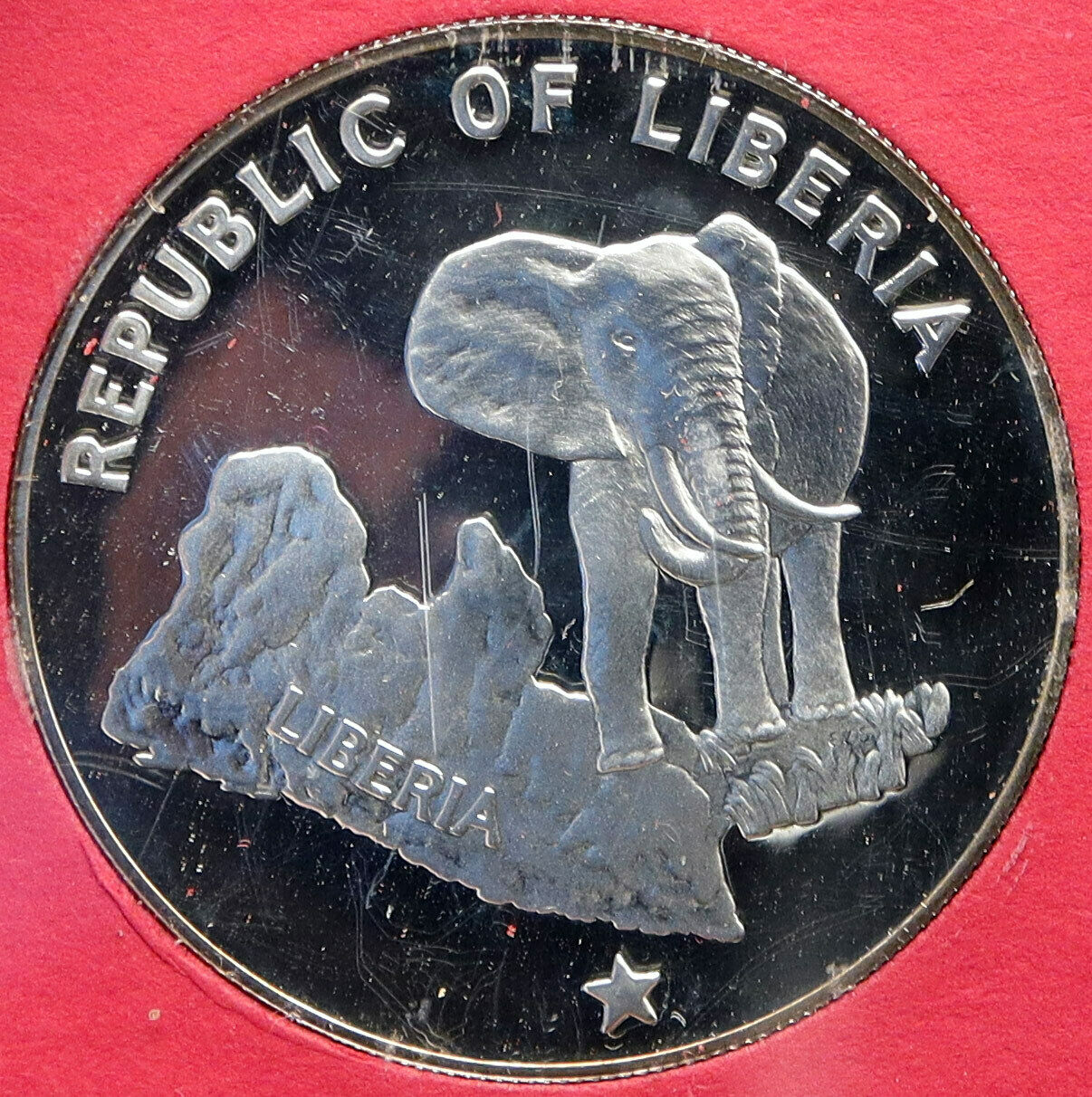 1973 LIBERIA State Map with Elephant Antique Genuine Proof Silver $5 Coin i88184