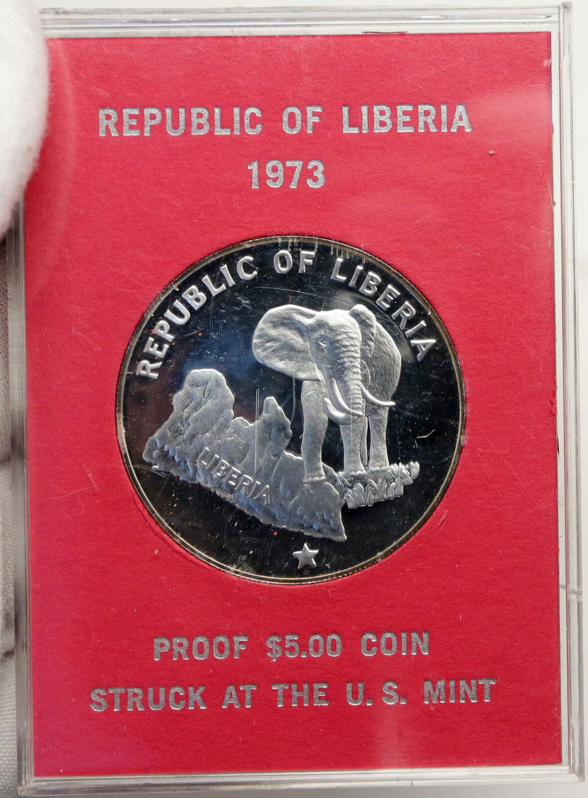 1973 LIBERIA State Map with Elephant Antique Genuine Proof Silver $5 Coin i88184