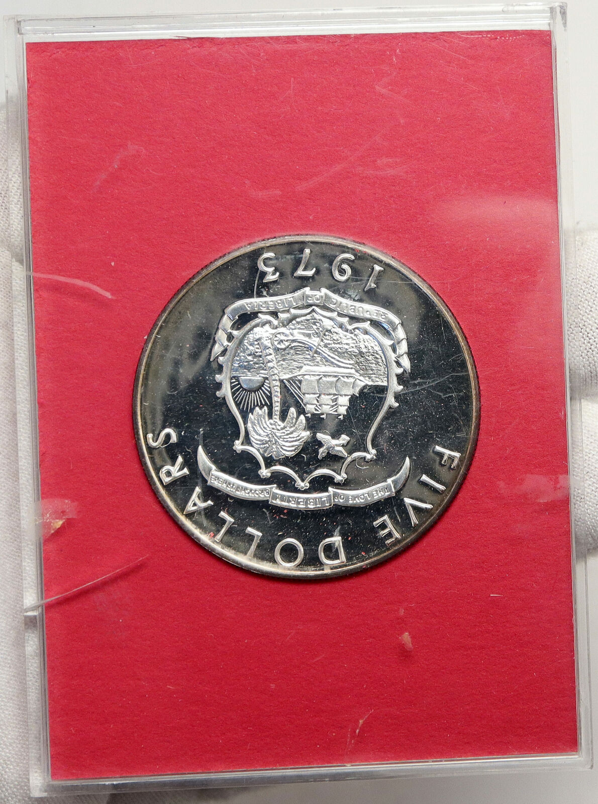 1973 LIBERIA State Map with Elephant Antique Genuine Proof Silver $5 Coin i88184