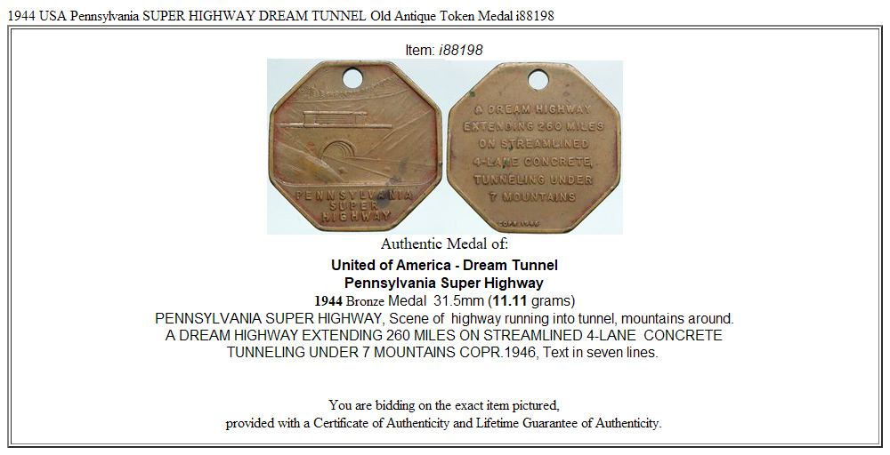 1944 USA Pennsylvania SUPER HIGHWAY DREAM TUNNEL Old Antique Token Medal i88198