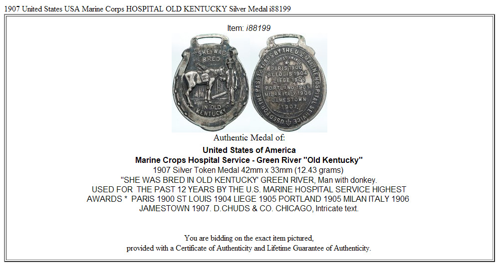 1907 United States USA Marine Corps HOSPITAL OLD KENTUCKY Silver Medal i88199