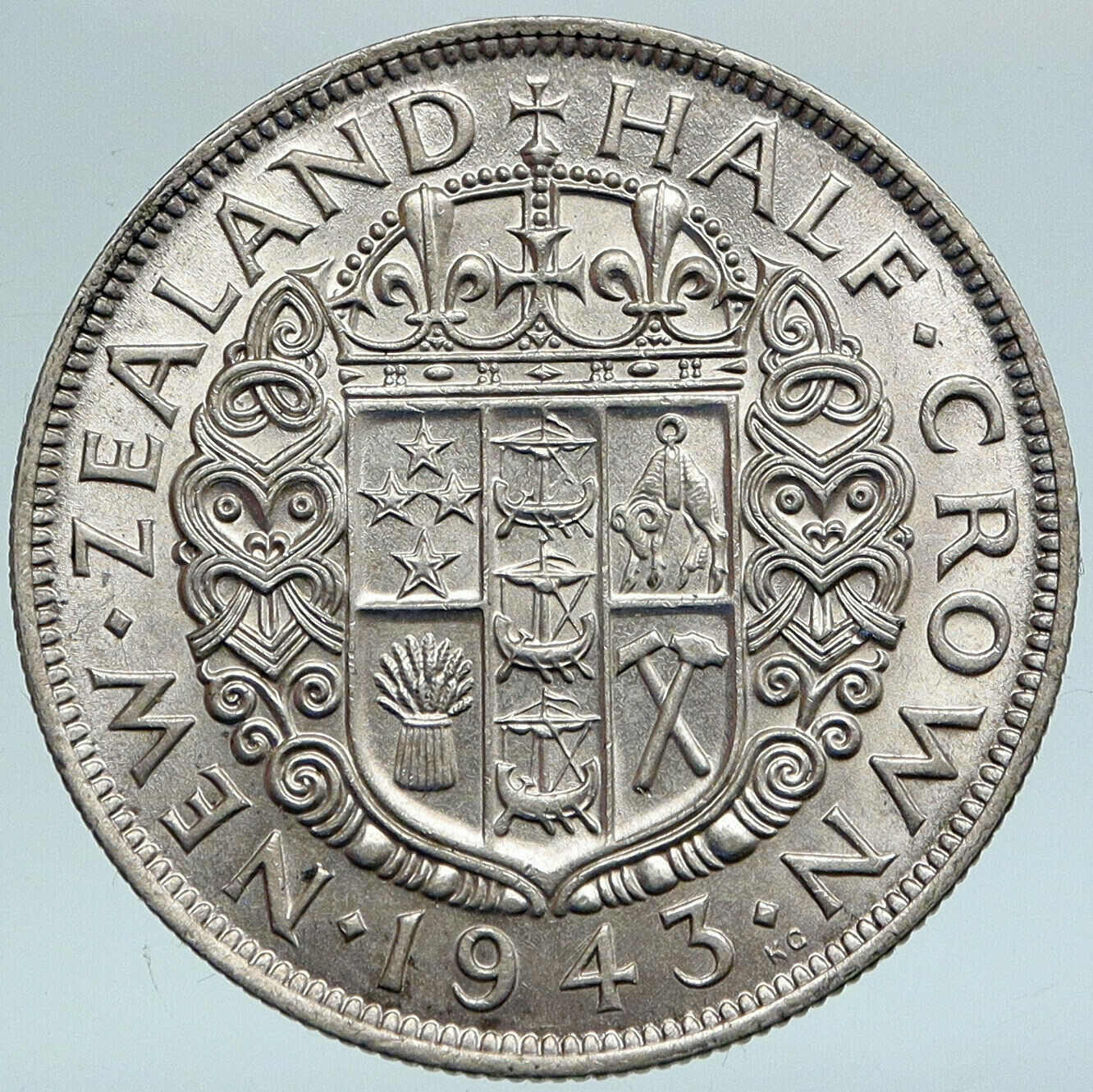 1943 NEW ZEALAND UK King George VI Shield Silver 1/2 Half Crown OLD Coin i88202