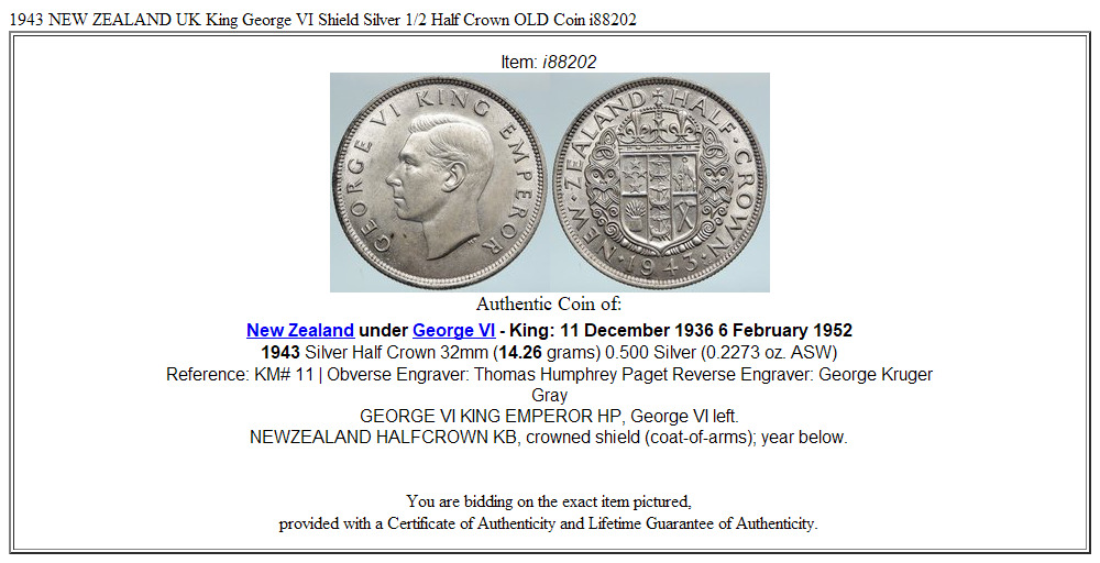 1943 NEW ZEALAND UK King George VI Shield Silver 1/2 Half Crown OLD Coin i88202