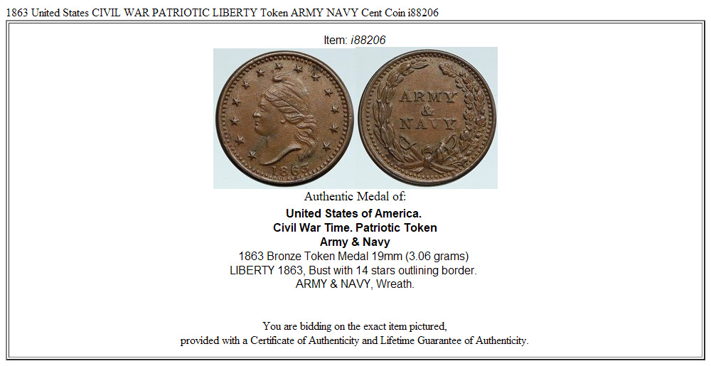 1863 United States CIVIL WAR PATRIOTIC LIBERTY Token ARMY NAVY Cent Coin i88206