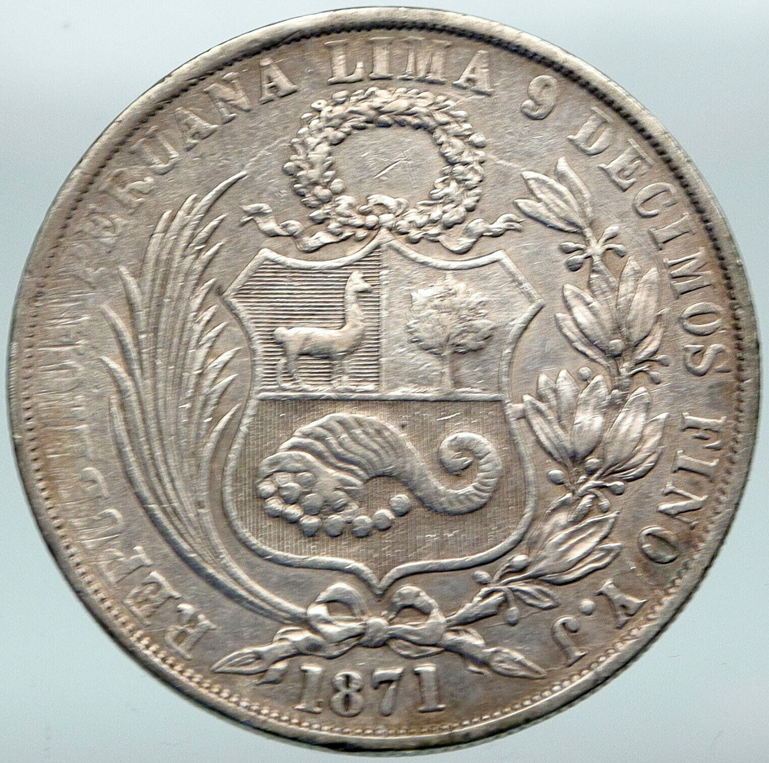 1871 YJ PERU South America 1 SOL Antique Original Silver Peruvian Coin i88236